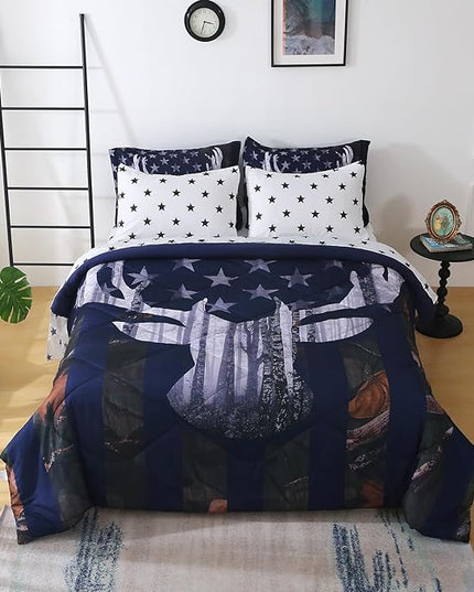 Boys Camo Deer Bedding Set Full Size 7 Piece Bed in A Bag Camouflage American Flag Comforter Set for Kids Teens Men Super Soft All Season - LeafyLoom