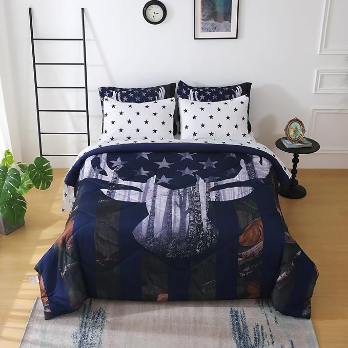 Boys Camo Deer Bedding Set Full Size 7 Piece Bed in A Bag Camouflage American Flag Comforter Set for Kids Teens Men Super Soft All Season - LeafyLoom