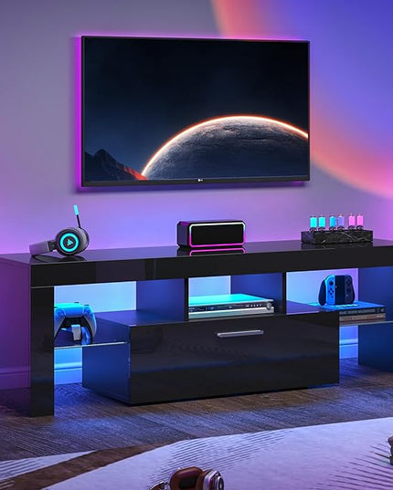 Clikuutory Black LED TV Stand with Large Storage Drawer for 32 40 50 55 Inch TVs, Modern High gloss TV Console Table with Entertainment Center for Living Room, Bedroom, Black - LeafyLoom