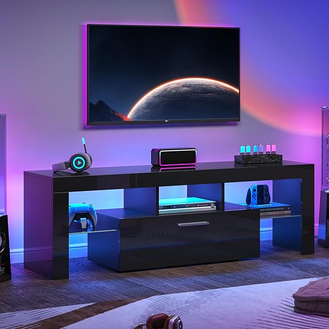 Clikuutory Black LED TV Stand with Large Storage Drawer for 32 40 50 55 Inch TVs, Modern High gloss TV Console Table with Entertainment Center for Living Room, Bedroom, Black - LeafyLoom
