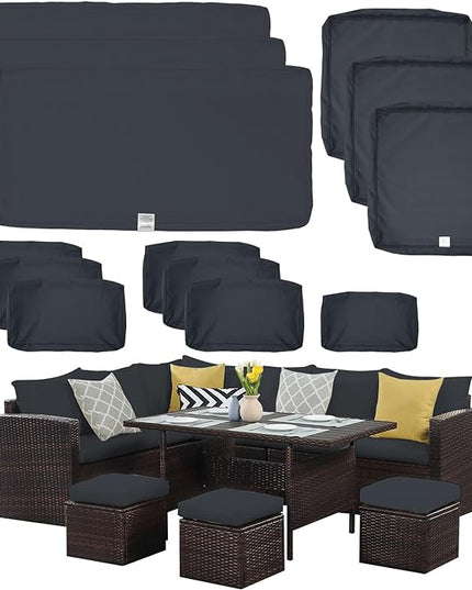 ClawsCover 13Pack Outdoor Seat and Back Cushions Replacement Covers Fit for 7Pieces Wicker Rattan Patio Furniture Set Sectional Couch with Dining Table and Ottoman,Dark Gray-Include Cover Only - LeafyLoom