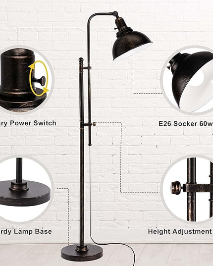 PARTPHONER Industrial Floor Lamp Adjustable, Rustic Farmhouse Reading Lamp in Aged Black Finish, Modern Standing Lamp with Remote Control Metal Shade for Living Room Bedroom Study Room Office Hotel - LeafyLoom