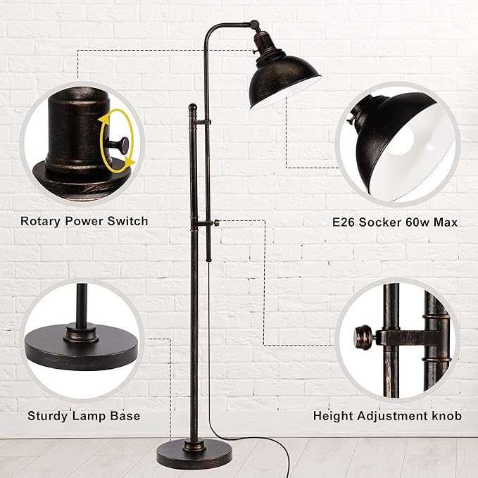 PARTPHONER Industrial Floor Lamp Adjustable, Rustic Farmhouse Reading Lamp in Aged Black Finish, Modern Standing Lamp with Remote Control Metal Shade for Living Room Bedroom Study Room Office Hotel - LeafyLoom