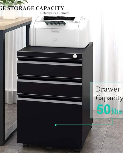3-Drawer Mobile File Cabinets Rolling Metal Filing Cabinet for Legal & Letter File Anti-tilt Design with Lock Under Desk Office Drawers Fully Assembled Except Casters Black - LeafyLoom