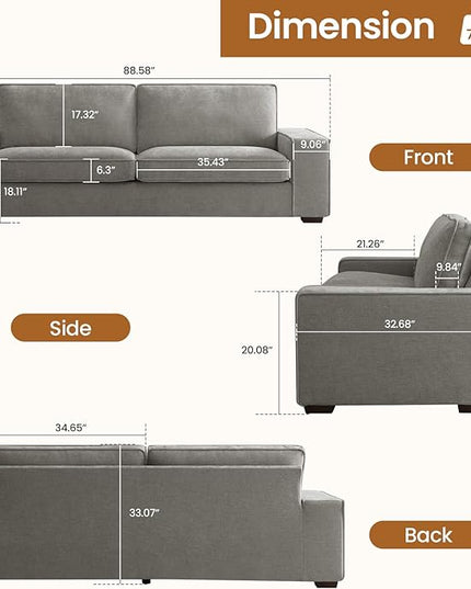 COHOME 88" Loveseat Sofa with Deep Seat, Modern Chenille Love Seat Couch for Living Room with Removable Covers, Upholstered 2-Seater Small Couch for Bedroom, Apartment，Grey - LeafyLoom