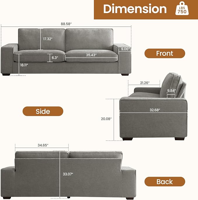 COHOME 88" Loveseat Sofa with Deep Seat, Modern Chenille Love Seat Couch for Living Room with Removable Covers, Upholstered 2-Seater Small Couch for Bedroom, Apartment，Grey - LeafyLoom