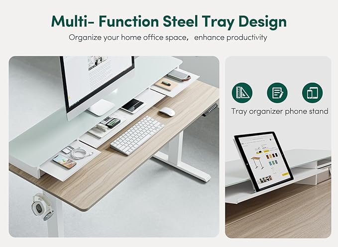 FEZIBO 48 x 24 Inch Height Adjustable Glass Electric Standing Desk with Double Drawer, Stand Up Desk with Storage Shelf, Sit Stand Desk, Light Walnut - LeafyLoom