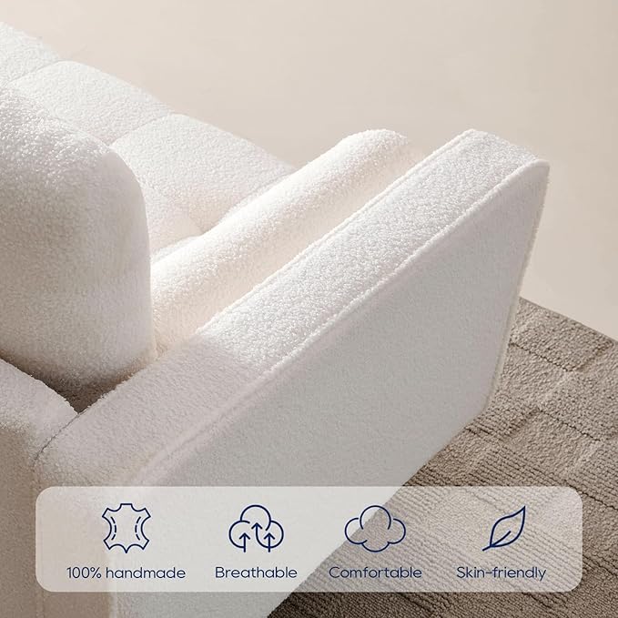 Vonanda Velvet Boucle Sofa Couch, Mid-Century 73 Inch 3 Seater Couch with Hand-Stitched Comfy Cushion and Bolster Pillows for Living Room, Elegant Boucle White - LeafyLoom