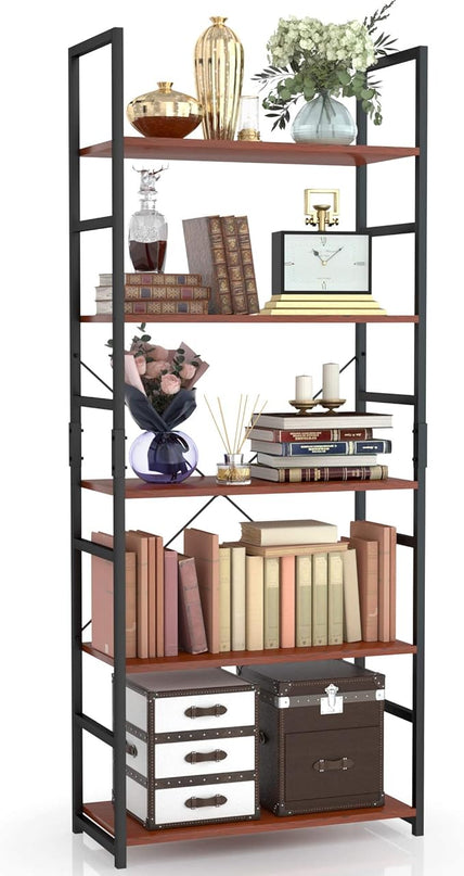 NUMENN 5 Tier Bookshelf, Tall Bookcase Shelf Storage Organizer, Modern Book Shelf for Bedroom, Living Room and Home Office, Teak - LeafyLoom