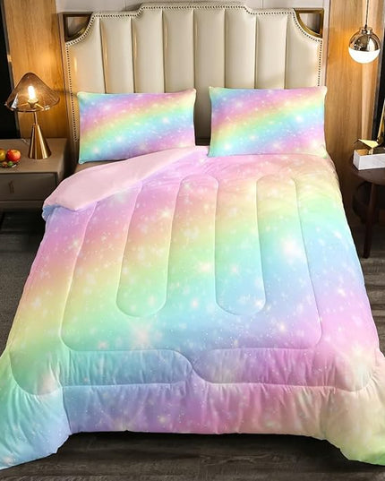 Erosebridal Rainbow Bedding Set for Kids Girls Teens Women Tie Dye Pastel Comforter Set Full Size Golden Stars Glitter Bedding Comforter Set Watercolor Art Girly Quilt Set Sweet Bedroom Decor 3 Piece - LeafyLoom