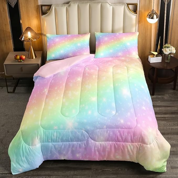 Erosebridal Rainbow Bedding Set for Kids Girls Teens Women Tie Dye Pastel Comforter Set Full Size Golden Stars Glitter Bedding Comforter Set Watercolor Art Girly Quilt Set Sweet Bedroom Decor 3 Piece - LeafyLoom