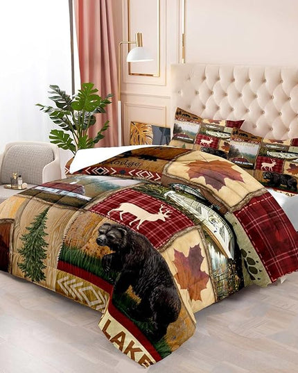 LUVIVIHOME 3PCS Cabin Comforter Set Queen Size, Bear Fish Deer Elk Moose Forest Animal Wildlife Hunting Fishing Red Buffalo Plaid Patchwork Quilt Country Lodge Rustic Farmhouse Bedding, 2 Pillow Shams - LeafyLoom