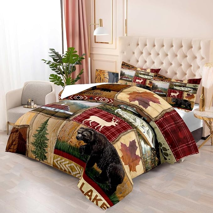 LUVIVIHOME 3PCS Cabin Comforter Set Queen Size, Bear Fish Deer Elk Moose Forest Animal Wildlife Hunting Fishing Red Buffalo Plaid Patchwork Quilt Country Lodge Rustic Farmhouse Bedding, 2 Pillow Shams - LeafyLoom