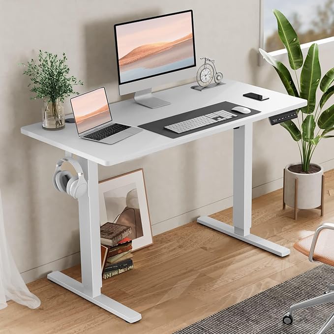 SMUG Standing Desk, Adjustable Height Electric Sit Stand Up Down Computer Table, 48x24 Inch Ergonomic Rising Desks for Work Office Home, Modern Lift Motorized Gaming Desktop Workstation, White - LeafyLoom
