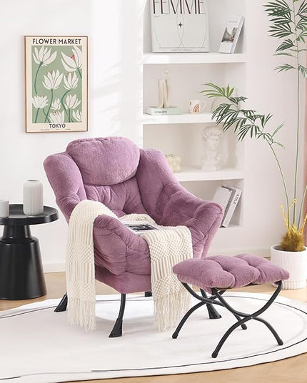 Welnow Lazy Chair with Ottoman, Modern Lounge Accent Chair with Armrests and a Side Pocket, Leisure Sofa Chair Set, Reading Chair with Footrest for Small Space, Corner Chair, Plush Purple - LeafyLoom
