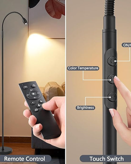 Reading Floor Lamp, 72" Tall LED Lamp with Flexible Gooseneck, Dimmable Zoomable Spotlight, Adjustable Color Beam Standing Lamp, Touch & Remote Control, Task Craft Bedroom Living Room, Matte Black - LeafyLoom
