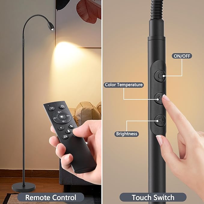 Reading Floor Lamp, 72" Tall LED Lamp with Flexible Gooseneck, Dimmable Zoomable Spotlight, Adjustable Color Beam Standing Lamp, Touch & Remote Control, Task Craft Bedroom Living Room, Matte Black - LeafyLoom