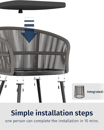 EAST OAK 3-Piece Patio Bistro Set, Patio Conversation Bistro Set with 2 Wide Ergonomic Chairs, Cushions & Glass Top Side Table, Outdoor All-Weather Wicker Furniture for Porch, Gray & Dark Gray - LeafyLoom