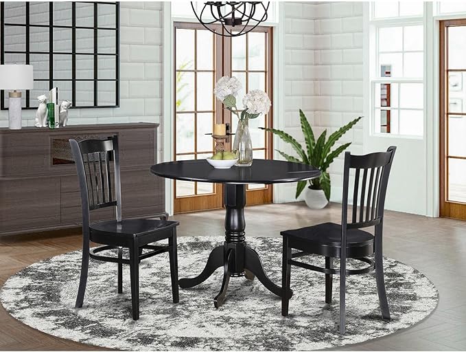 East West Furniture Dublin 3 Piece Set for Small Spaces Contains a Round Dining Room Table with Dropleaf and 2 Wood Seat Chairs, 42x42 Inch, Black - LeafyLoom