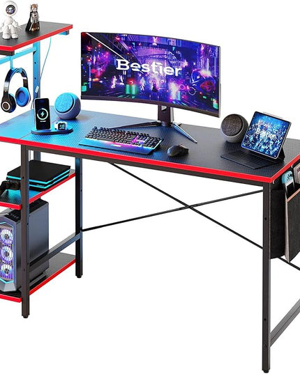Bestier Gaming Desk with LED Lights, Computer Desk with 4 Tiers Reversible Shelves, 51.3 Inch gamer desk with Side Storage Bag, Hooks and Height Adjustable Shelf (Black Carbon Fiber) - LeafyLoom