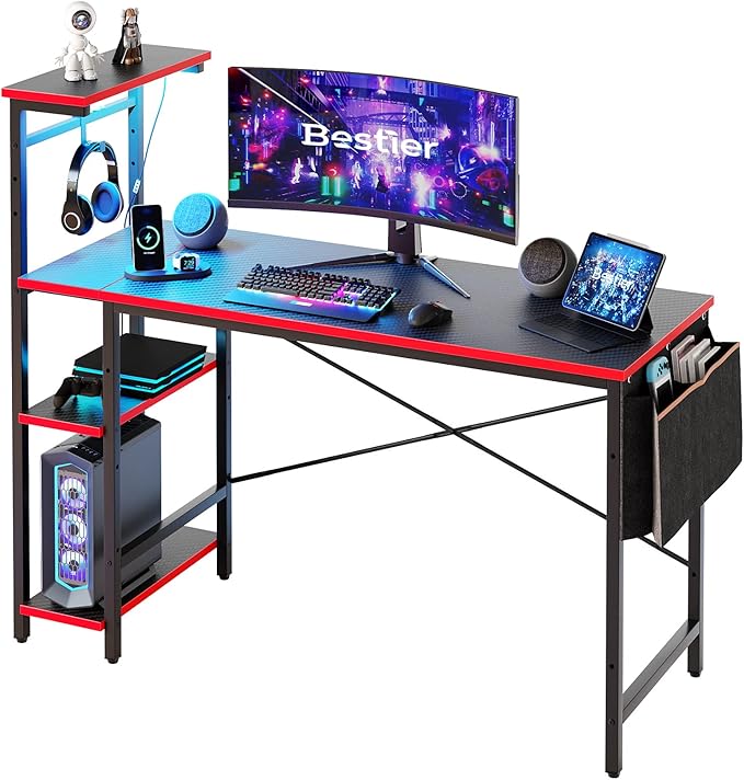 Bestier Gaming Desk with LED Lights, Computer Desk with 4 Tiers Reversible Shelves, 51.3 Inch gamer desk with Side Storage Bag, Hooks and Height Adjustable Shelf (Black Carbon Fiber) - LeafyLoom