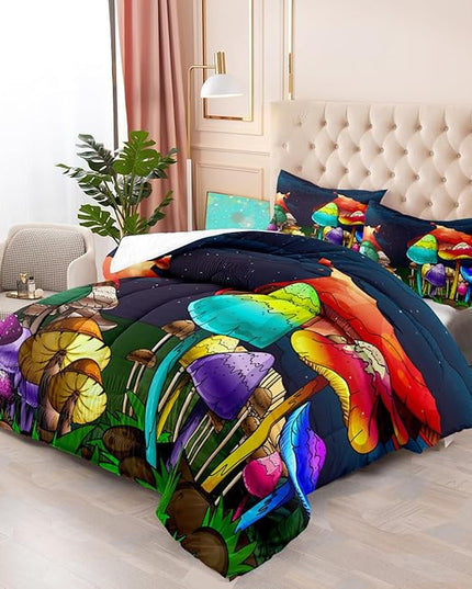 Mushroom Comforter Set Queen Size, Cute Mushroom Patterns Bedding Set for Boys Bedroom, Girls Ultra Soft Comforter Set Queen Size, Colorful Mushroom Comforter for All Season 3Pcs with Pillowcases - LeafyLoom