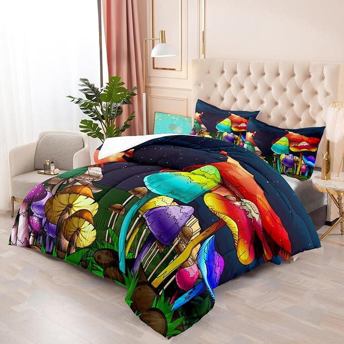 Mushroom Bedding Set Full Girls Ultra Soft Full Size Comforter Set for Boys Cute Cartoon Mushroom Comforter Set for Kids Teens Colorful Mushroom Microfiber Quilt for All Season 3Pcs with Pillowcases - LeafyLoom