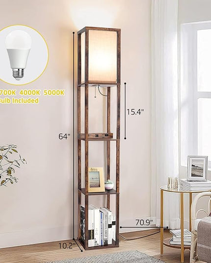 Floor Lamp with Wireless Charger, Modern Shelves Floor Lamp with USB A+C Ports & 2 AC Outlets,3 Color Temperature Corner Floor Lamps for Living Room Bedroom Office (Brown) - LeafyLoom