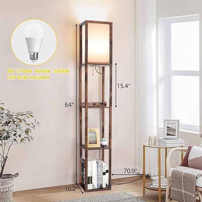 Floor Lamp with Wireless Charger, Modern Shelves Floor Lamp with USB A+C Ports & 2 AC Outlets,3 Color Temperature Corner Floor Lamps for Living Room Bedroom Office (Brown) - LeafyLoom