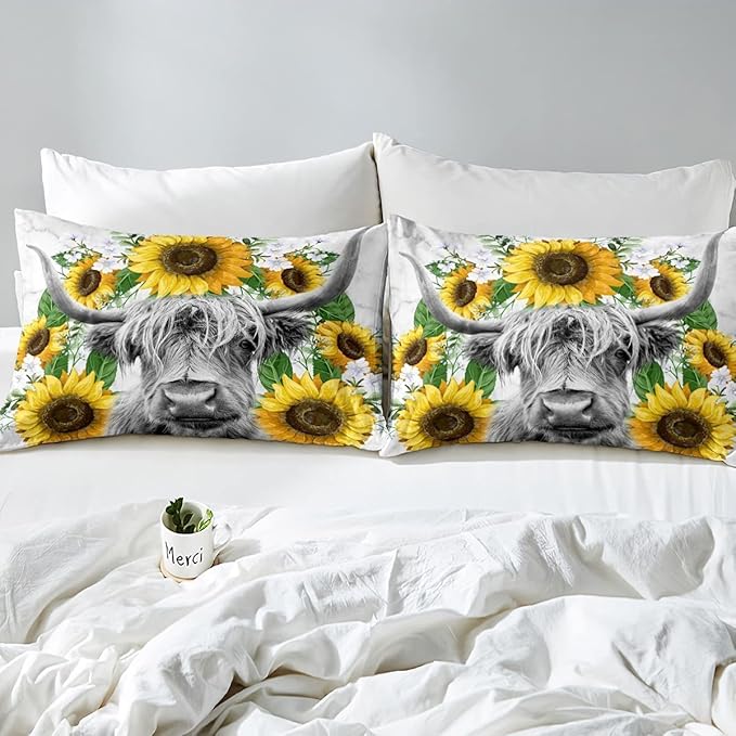 Highland Cow Comforter Set King Sunflowers Art Down Comforter Rustic Bull Cattle Bedding Set for Kids Boys Girls Adult Farmhouse Western Funny Animal Wild Theme Duvet Set Grey Marble Comforter - LeafyLoom
