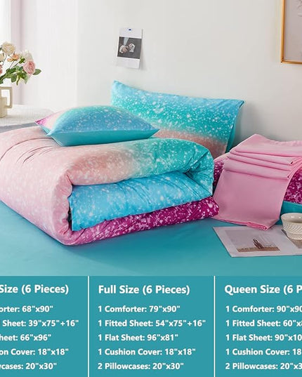PERFEMET 6 Piece Full Size Comforter Sets for Teens Girls, Tie Dye Rainbow Ombre Bed in A Bag, Gradient Glitter Sparkle Bedroom Decor Bedding Set (Blue Teal Purple, Full) - LeafyLoom