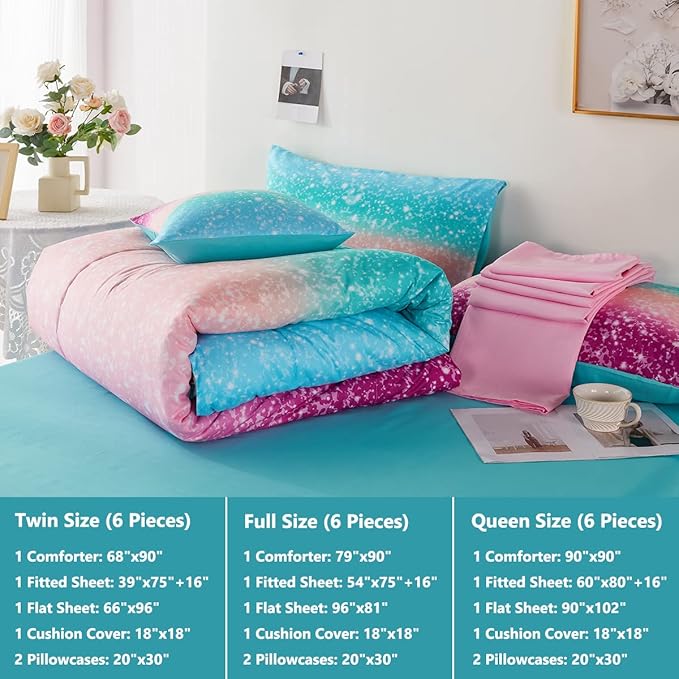 PERFEMET 6Pcs Teal Purple Comforter Set Twin Size, Tie Dye Rainbow Glitter Bed in A Bag, Gradient Pastel Ombre Sparkle Bedding Set for Kids Teens Girls (Blue Teal Purple, Twin) - LeafyLoom