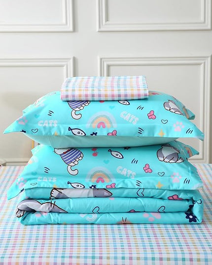 Cute Kids Cat Comforter Set Full Size 7 Piece Blue Rainbow Star Sun Heart Bed in A Bag Kawaii Animal Butterfly Fish Bedding Set for Girls Boys Teens Super Soft All Season - LeafyLoom