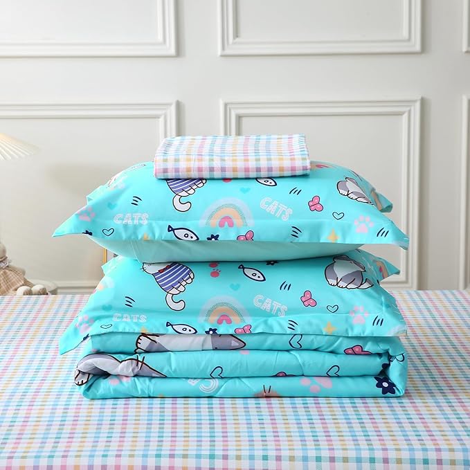 Cute Kids Cat Comforter Set Full Size 7 Piece Blue Rainbow Star Sun Heart Bed in A Bag Kawaii Animal Butterfly Fish Bedding Set for Girls Boys Teens Super Soft All Season - LeafyLoom