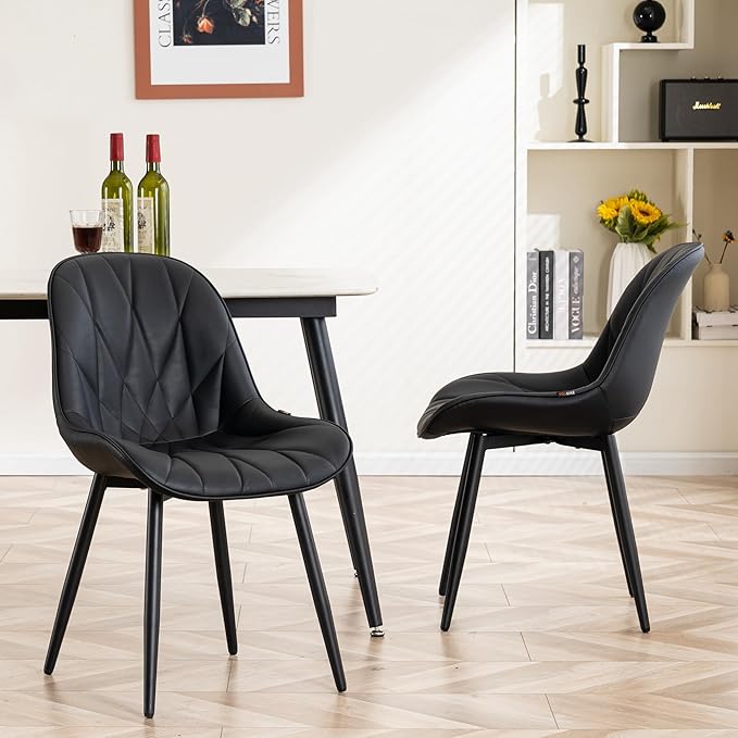 YOUNIKE Dining Chairs Set of 2, Black Modern Kitchen Chairs with Adjustable Feet, Mid Century Faux Leather Upholstered Dining Room Chairs, 300LBS Support Elegant Dinning Chairs Side Chairs - LeafyLoom
