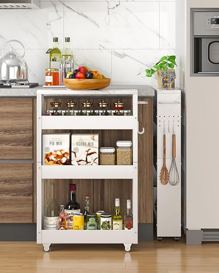 Slim Storage Cart, 4-Tier Kitchen Rolling Cart Narrow Storage Cabinet with Handle & Wheels, Metal Rolling Shelf Unit for Kitchen Bathroom Laundry Small Places(5 in Width/White) - LeafyLoom