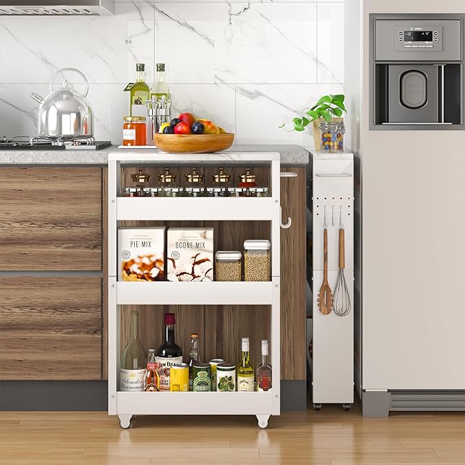 Slim Storage Cart, 4-Tier Kitchen Rolling Cart Narrow Storage Cabinet with Handle & Wheels, Metal Rolling Shelf Unit for Kitchen Bathroom Laundry Small Places(5 in Width/White) - LeafyLoom