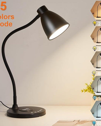 BOHON Desk Lamp for Home Office, LED Desk Light with USB C+A Charging Ports, Wireless Charger, 5 Colors Stepless Dimming Reading Light Timer, Touch Bedside Table Lamp for College Dorm Room Black - LeafyLoom