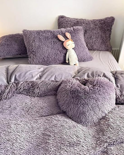 Faux Fur Kid Girls Purple Comforter Sets King - 3PC Bed Set Warm Comfortable Soft Plush Flannel Velvet Fluffy Fuzzy Bedding（Comforter x 1 Pillowcases x 2） - LeafyLoom
