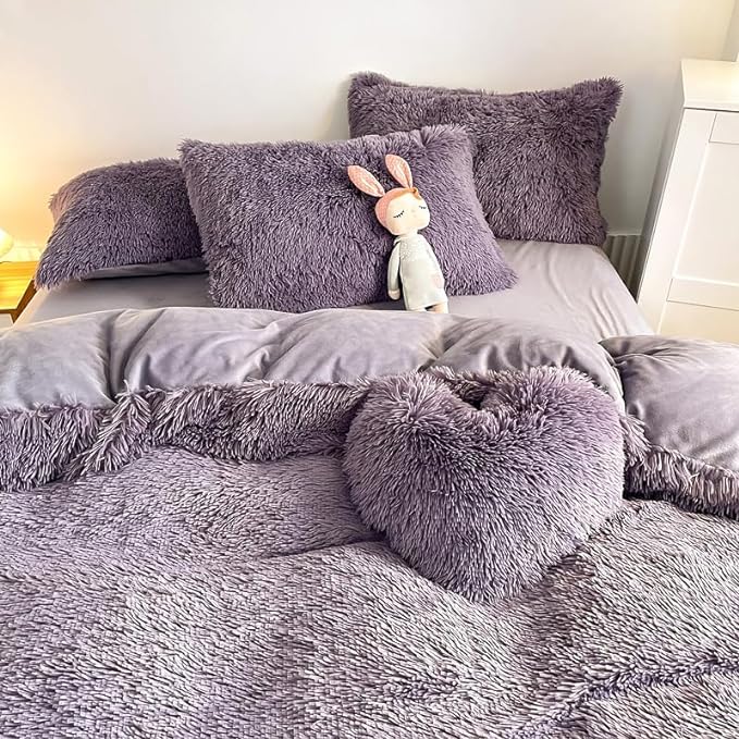 Faux Fur Kid Girls Purple Comforter Sets King - 3PC Bed Set Warm Comfortable Soft Plush Flannel Velvet Fluffy Fuzzy Bedding（Comforter x 1 Pillowcases x 2） - LeafyLoom