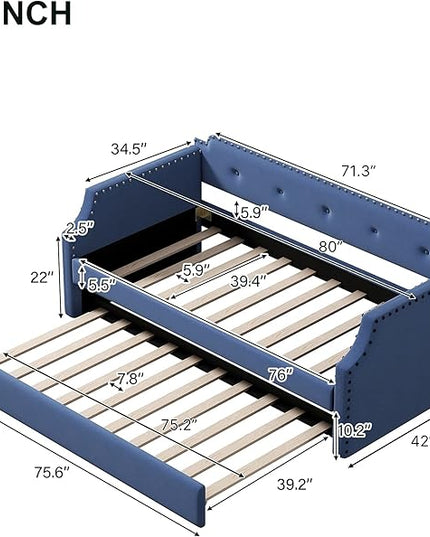Twin Size Upholstered Trundle, Daybed Frame Sofa Bed for Bedroom Living Room Guestroom, Wood Slat Support, Space Saving Design, Blue - LeafyLoom