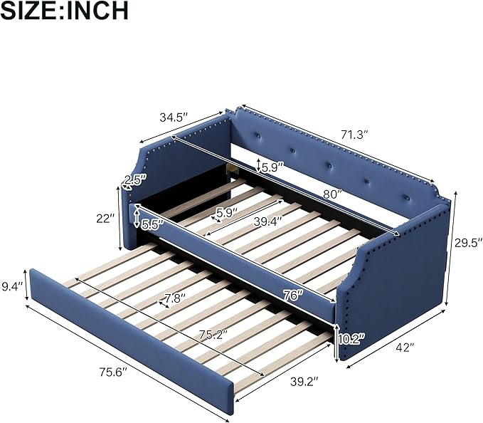 Twin Size Upholstered Trundle, Daybed Frame Sofa Bed for Bedroom Living Room Guestroom, Wood Slat Support, Space Saving Design, Blue - LeafyLoom
