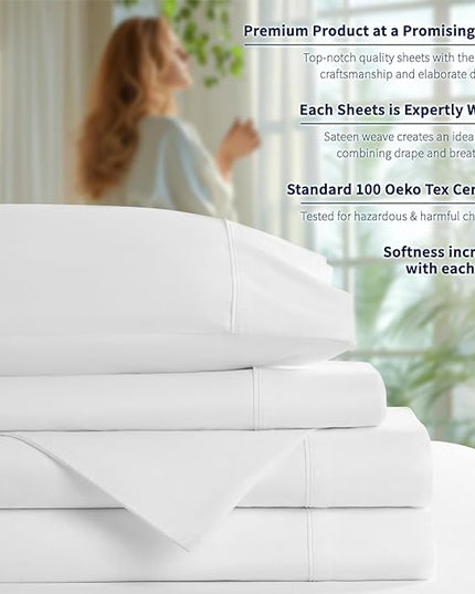 Shilucheng 100% Cotton Queen Size Sheets Set - 600 Thread Count，Luxury Egyptian Cotton Bed Sheets，5-Star Hotel Quality Sheets, Breathable & Cooling, 16 Inch Deep Pocket - 4 Piece (White, Queen) - LeafyLoom