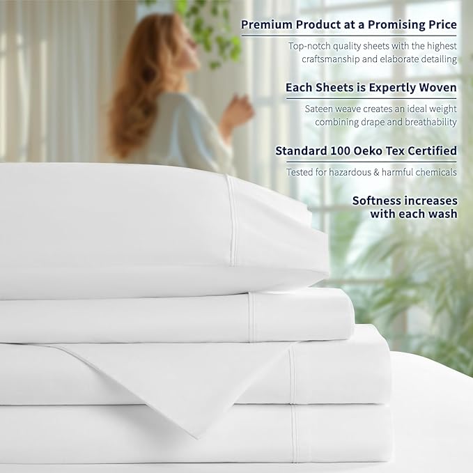 Shilucheng 100% Cotton Queen Size Sheets Set - 600 Thread Count，Luxury Egyptian Cotton Bed Sheets，5-Star Hotel Quality Sheets, Breathable & Cooling, 16 Inch Deep Pocket - 4 Piece (White, Queen) - LeafyLoom