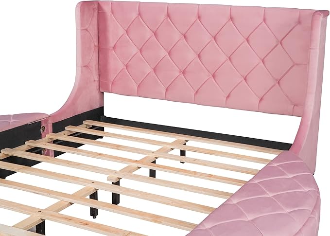 Queen Size Velvet Upholstered Platform Bed with Wingback Headboard, Spacious Drawer, and Convenient Side Storage Stools, Comfort Platform Bed Frame for Home Bedroom, Pink - LeafyLoom