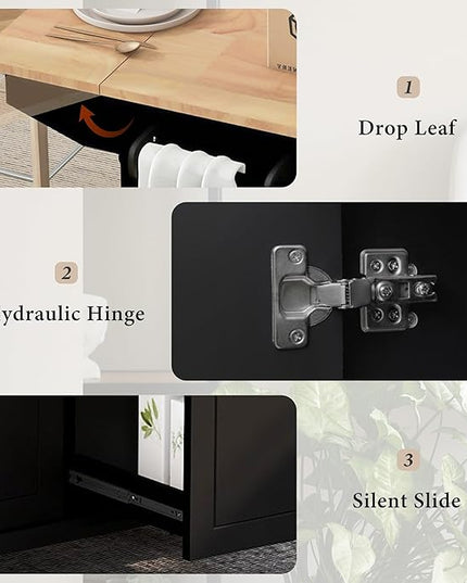 53.9" Drop Leaf, Rolling Island on Wheels w/Drawer and 3-Tier Pull Out Cabinet Organizer, Kitchen Storage Cart with Spice, Towel Rack, Black, 53.94 Inch - LeafyLoom