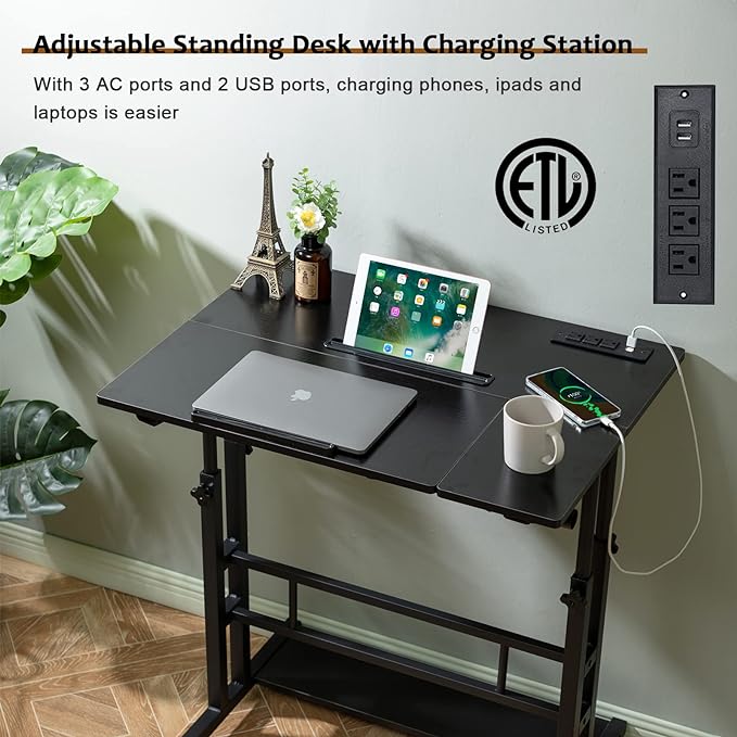 Hadulcet Stand Up Desk, Rolling Desk Adjustable Height, Mobile Standing Desk with Wheels & Charging Station, Portable Desk for Laptop, Rolling Computer Cart TV Tray, Small Standing Desk Drawing Desk - LeafyLoom