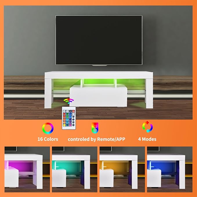 LED TV Stand for Televisions up to 55 inches, Entertainment Center and Media Console with Storage Drawers and Glass Shelves for Living Room, Bedroom - LeafyLoom