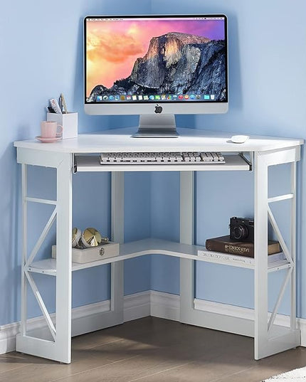 VECELO Corner Computer Desk Writing Smooth Keyboard Tray & Storage Shelves,Compact Home Office Triangle Table, White - LeafyLoom