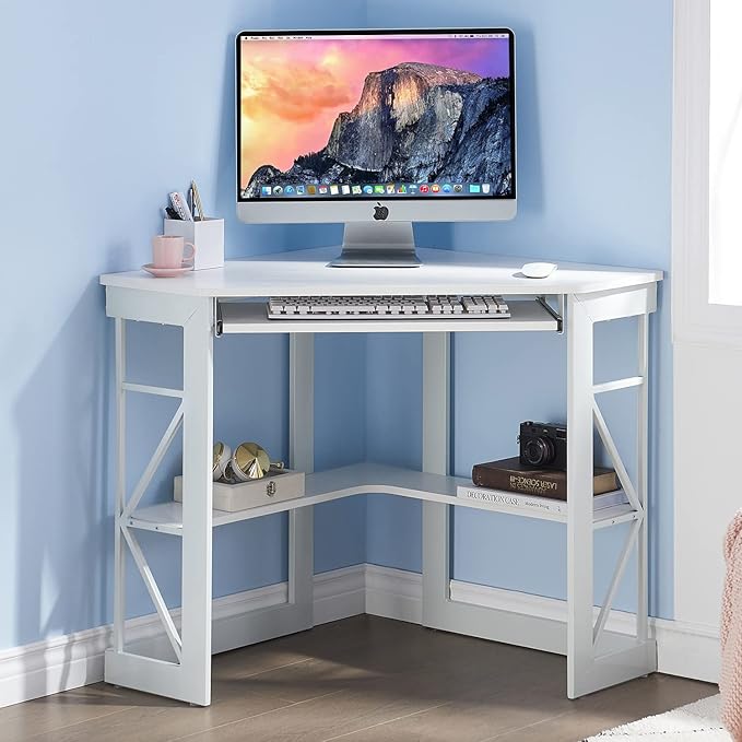 VECELO Corner Computer Desk Writing Smooth Keyboard Tray & Storage Shelves,Compact Home Office Triangle Table, White - LeafyLoom